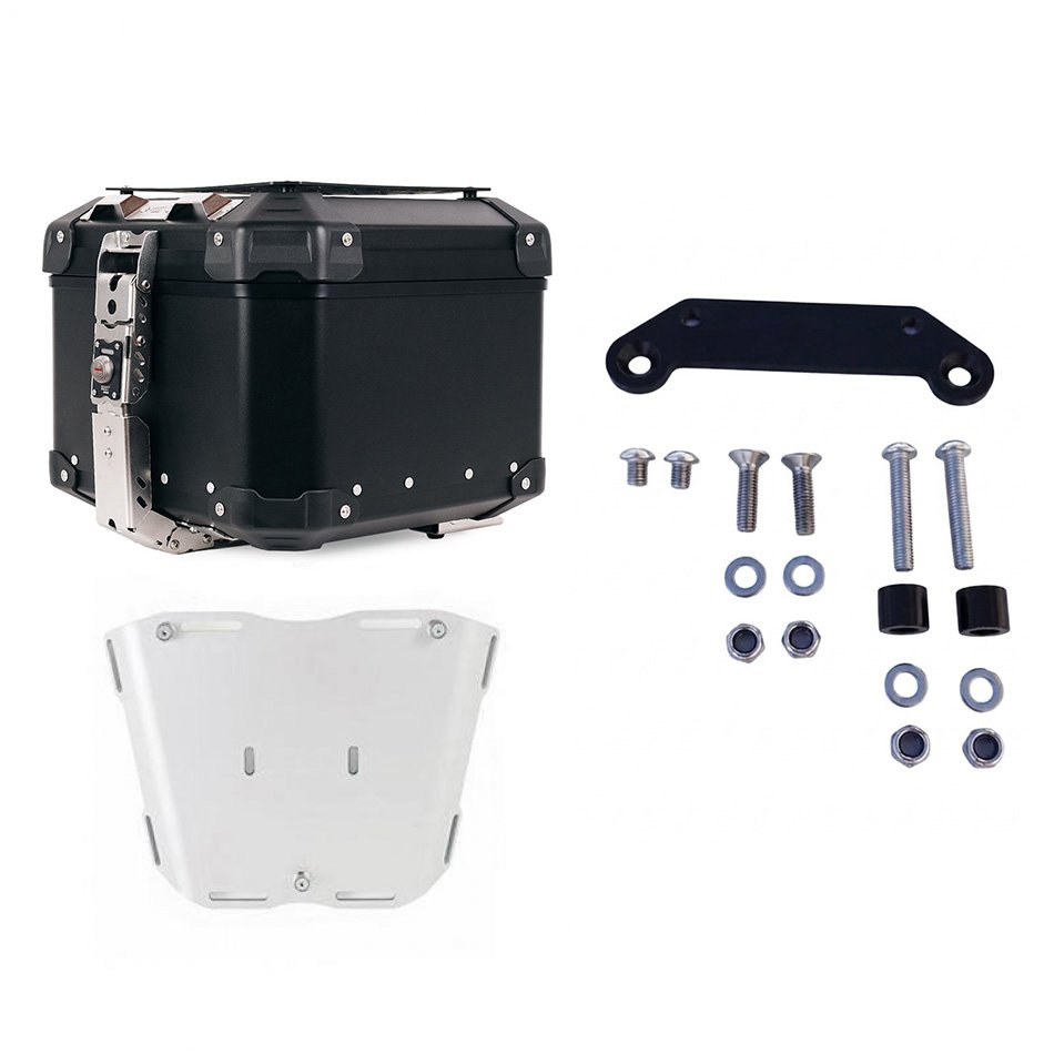Maleta superior universal de aluminio Atlas de 44 litros + Placa de maleta superior Atlas para portaequipajes + Placa adaptadora