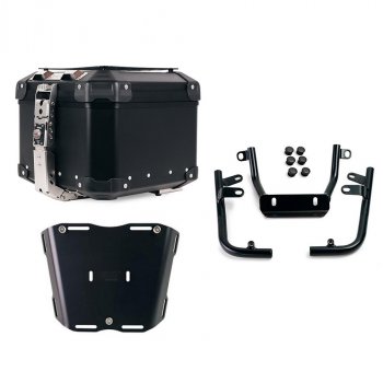 Maleta superior universal de aluminio Atlas de 44 litros + Placa Pan America para baúl Atlas con soporte