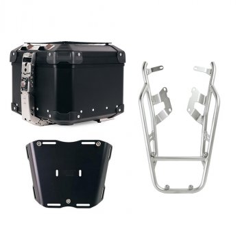 Maleta superior universal de aluminio Atlas de 44 litros + Portaequipajes NineT con asas de pasajeros para fijar la placa de la maleta superior