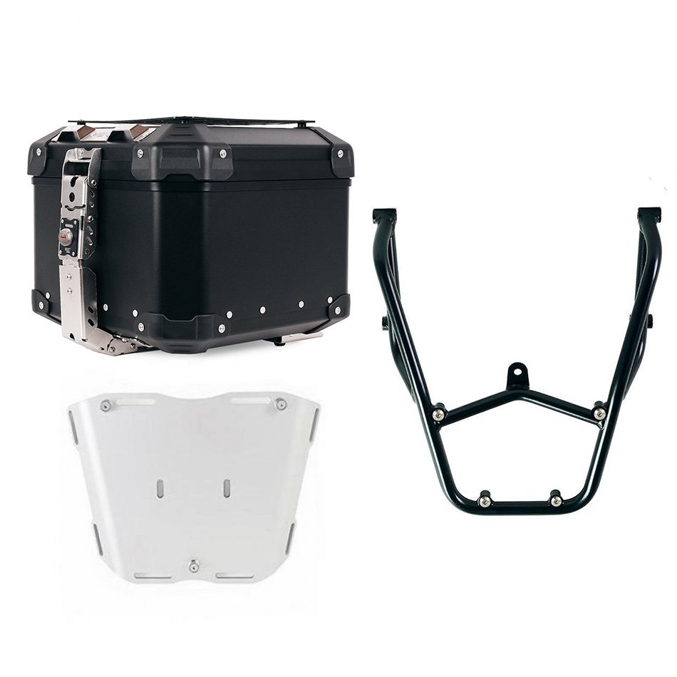 Maleta superior universal de aluminio Atlas de 44 litros + Portaequipajes trasero con asas de pasajero Aprilia Tuareg 660 Negro