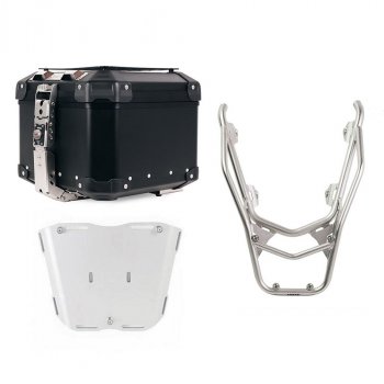 Maleta superior universal de aluminio Atlas de 44 litros + Portaequipajes trasero con asas para pasajero BMW R1300GS (color plata)