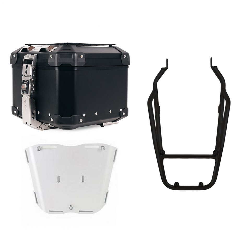 Maleta superior universal de aluminio Atlas de 44 litros + Portaequipajes trasero negro con asideros para el pasajero Triumph Scrambler 1200 X y XE.