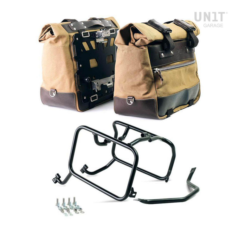 Par de maletas laterales Cult en Canvas 40L - 50L + Par de placas de aluminio + Cuadros KTM para bolsas de aluminio Atlas