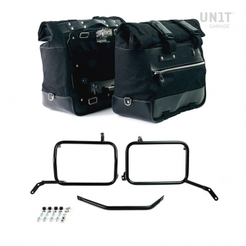 Par de maletas laterales Cult en Canvas 40L - 50L + Par de placas de aluminio + Marco de bolsa de aluminio Moto Guzzi V85TT Negro