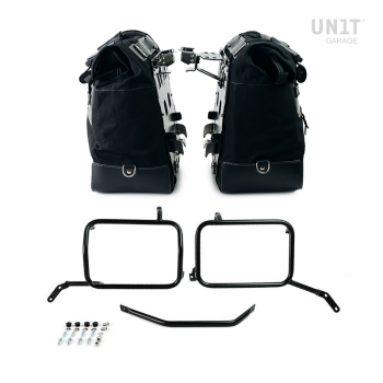 Par de maletas laterales Cult en Canvas 40L - 50L + Par de placas de aluminio + Marco de bolsa de aluminio Moto Guzzi V85TT Negro