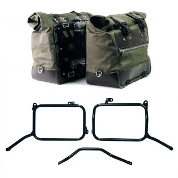 Par de alforjas laterales de lona Cult de 40L y 50L + Par de placas de aluminio + Marcos de alforjas de aluminio para Royal Enfield Himalayan 450 con escape aftermarket (a partir de 2024)