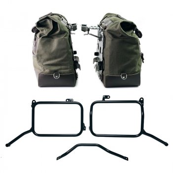 Par de alforjas laterales de lona Cult de 40L y 50L + Par de placas de aluminio + Marcos de alforjas de aluminio para Royal Enfield Himalayan 450 con escape aftermarket (a partir de 2024)