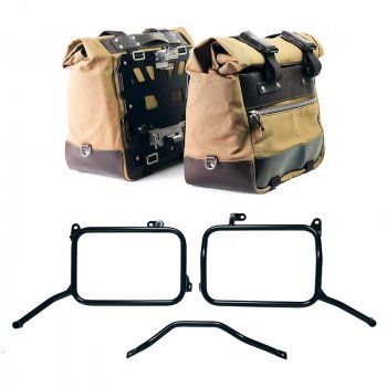 Par de alforjas laterales de lona Cult de 40L y 50L + Par de placas de aluminio + Marcos de alforjas de aluminio para Royal Enfield Himalayan 450 con escape aftermarket (a partir de 2024)