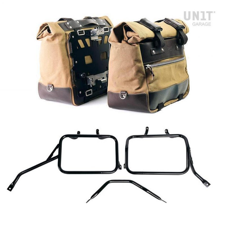 Par de maletas laterales Cult en Canvas 40L - 50L + Par de placas de aluminio + Marcos de alforjas de aluminio para Triumph Speed 400 & Scrambler 400 X