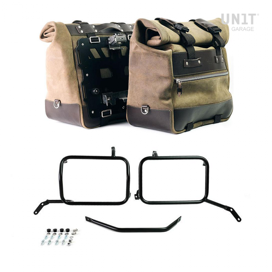 Pareja de alforjas Cult en serraje 40L - 50L + placa Aluminio + Marco de bolsa de aluminio Moto Guzzi V85TT Negro