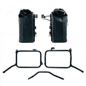 Dos alforjas laterales Khali de TPU de 35L - 45L + par de placas de aluminio + marcos de alforjas de aluminio para Royal Enfield Himalayan 450 con escape de repuesto (a partir de 2024)