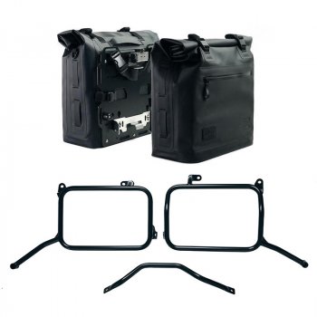 Dos alforjas laterales Khali de TPU de 35L - 45L + par de placas de aluminio + marcos de alforjas de aluminio para Royal Enfield Himalayan 450 con escape de repuesto (a partir de 2024)