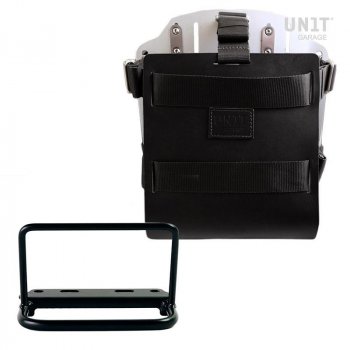 Portabolsa de aluminio con frontal de cuero ajustable, enganche rápido y marco