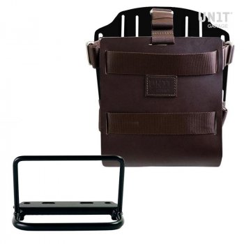 Portabolsa de aluminio con frontal de cuero ajustable, enganche rápido y marco