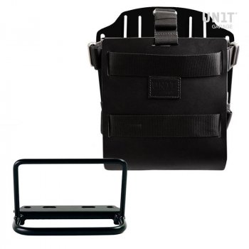 Portabolsa de aluminio con frontal de cuero ajustable, enganche rápido y marco