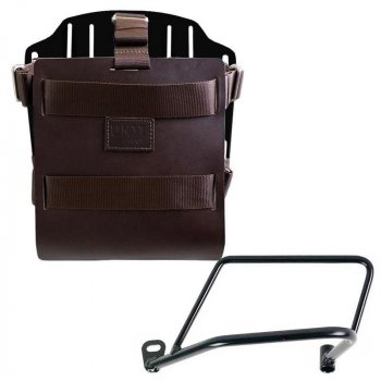 Portabolsa de aluminio con frontal de cuero ajustable, enganche rápido y marco