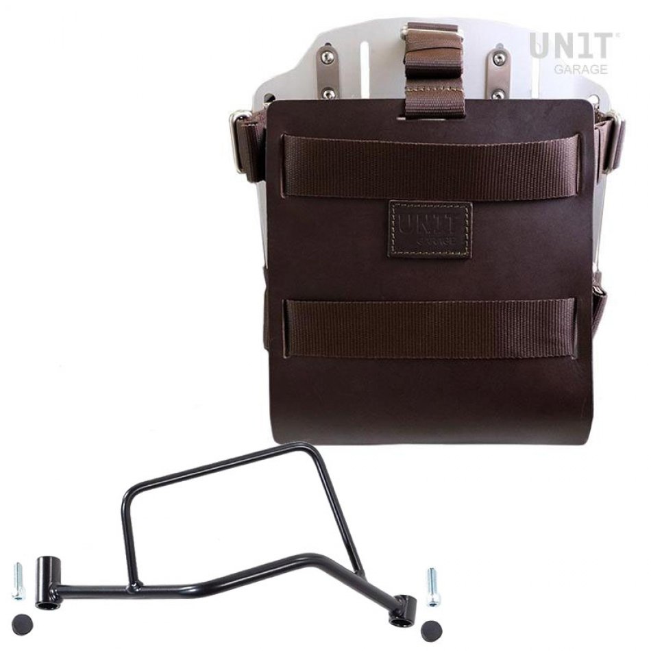 Portabolsa de aluminio con frontal de cuero ajustable, enganche rápido y marco