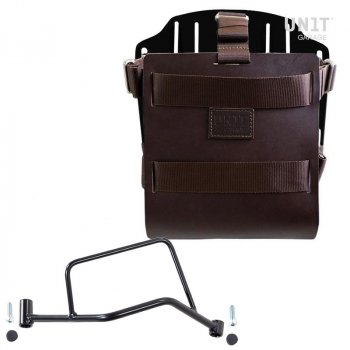 Portabolsa de aluminio con frontal de cuero ajustable, enganche rápido y marco