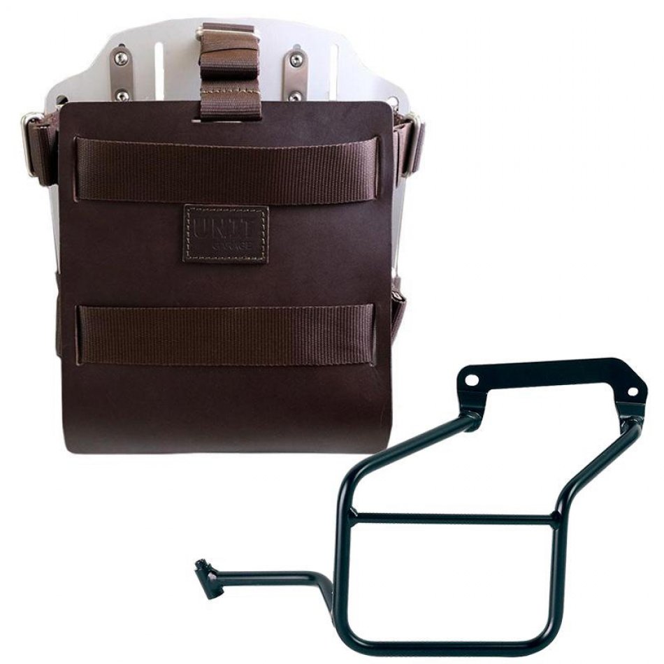 Portabolsas de aluminio con frontal de cuero regulable, enganche rápido y marco