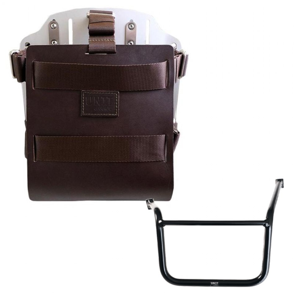 Portabolsa de aluminio con frontal de cuero ajustable y enganche rápido + Chasis Moto Guzzi V85 TT (2024 en adelante) Izquierdo