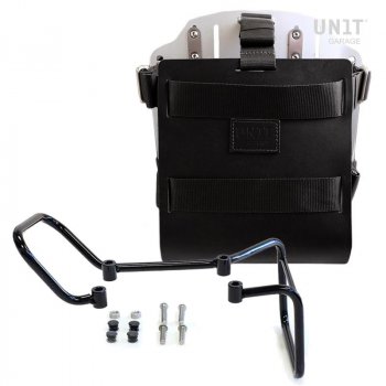 Portabolsa de aluminio con frontal de cuero ajustable, enganche rápido y marco