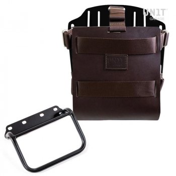 Portabolsa de aluminio con frontal de cuero ajustable, enganche rápido y marco