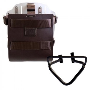 Portabolsa de aluminio con frontal de cuero ajustable, enganche rápido y marco