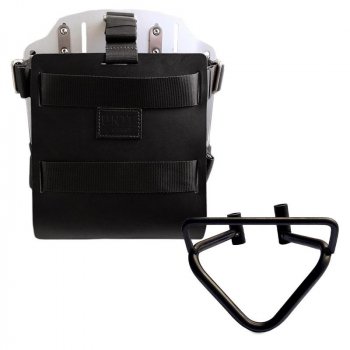 Portabolsa de aluminio con frontal de cuero ajustable, enganche rápido y marco