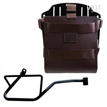 Portabolsa de aluminio con frontal de cuero ajustable, enganche rápido y marco