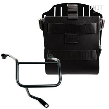 Portabolsa de aluminio con frontal de cuero ajustable, enganche rápido y marco