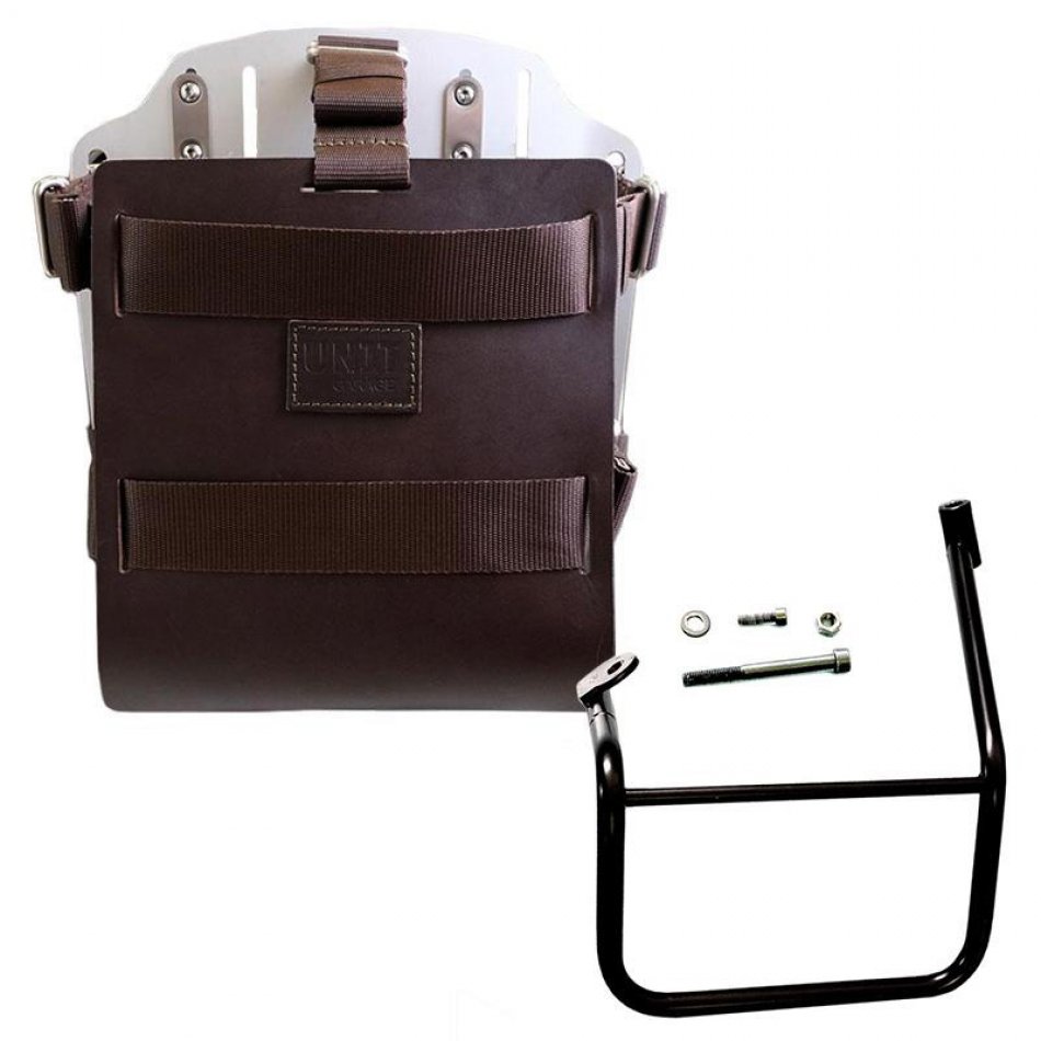 Portabolsa de aluminio con frontal de cuero ajustable, enganche rápido y marco