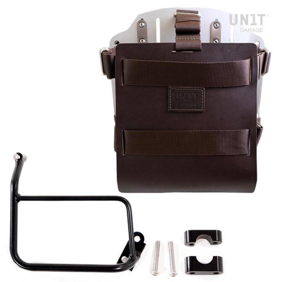 Portabolsa de aluminio con frontal de cuero ajustable, enganche rápido y marco