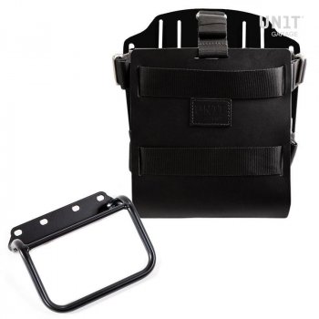 Portabolsa de aluminio con frontal de cuero ajustable, enganche rápido y marco