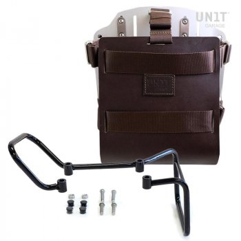 Portabolsa de aluminio con frontal de cuero ajustable, enganche rápido y marco