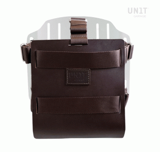 Portabolsa de aluminio con frontal de cuero ajustable y enganche rápido